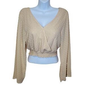 Peach Love California Peasant Long Sleeve Beige Women's Blouse Top Dotted Large